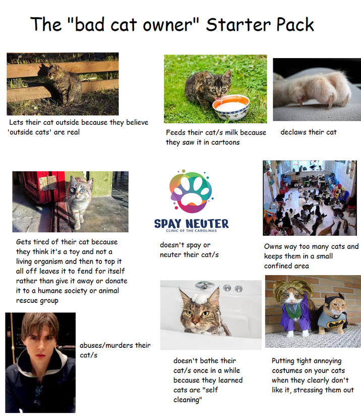The "bad cat owner" Starter Pack Lets their cat outside because they believe 'outside cats' are real Feeds their cat/s milk because they saw it in cartoons declaws their cat Gets tired of their cat because they think it's a toy and not a living organism and then to top it all off leaves it to fend for itself rather than give it away or donate it to a humane society or animal rescue group SPAY NEUTER CLINIC OF THE CAROLINAS doesn't spay or neuter their cat/s Owns way too many cats and keeps them in a small confined area abuses/murders their cat/s doesn't bathe their cat/s once in a while because they learned cats are "self cleaning" Putting tight annoying costumes on your cats when they clearly don't like it, stressing them out
