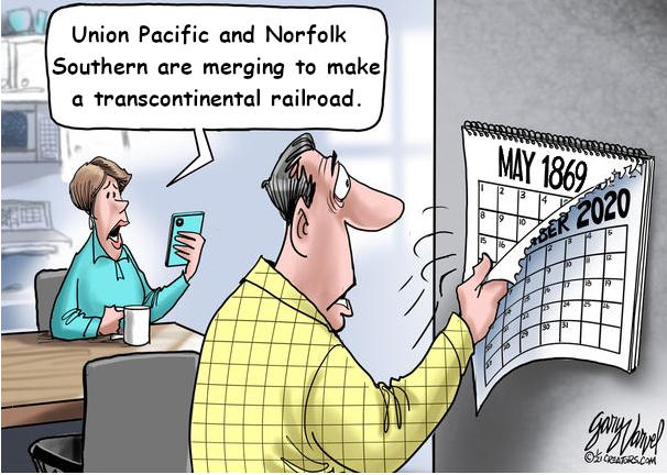 Union Pacific and Norfolk Southern are merging to make a transcontinental railroad. MAY 1869 12 14 ER 2020 118 допукате? CREATORS.COM