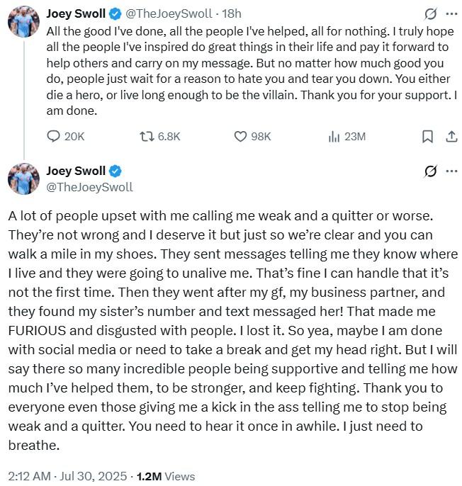 Joey Swoll's response on X to continued criticism against him. He is responding to backlash from apologizing for a Hulk Hogan related drama.