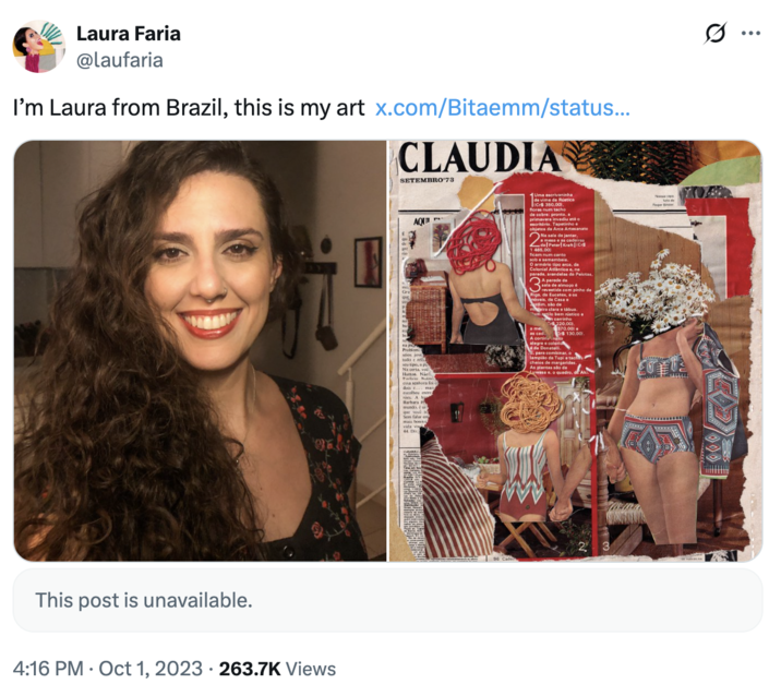 I’m Laura from Brazil, this is my art A "quote-tweet":https://knowyourmeme.com/memes/quote-retweets-qrts from X user @laufaria about being an artist from Brazil.