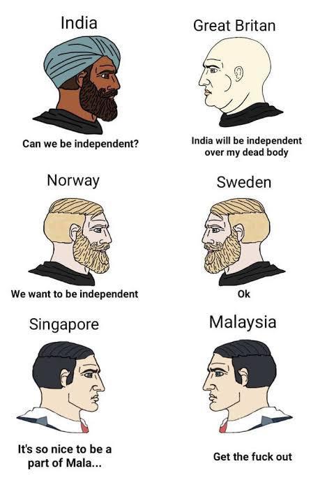 India Great Britan Can we be independent? Norway India will be independent over my dead body Sweden We want to be independent Singapore Ok Malaysia It's so nice to be a part of Mala... Get the f--- out