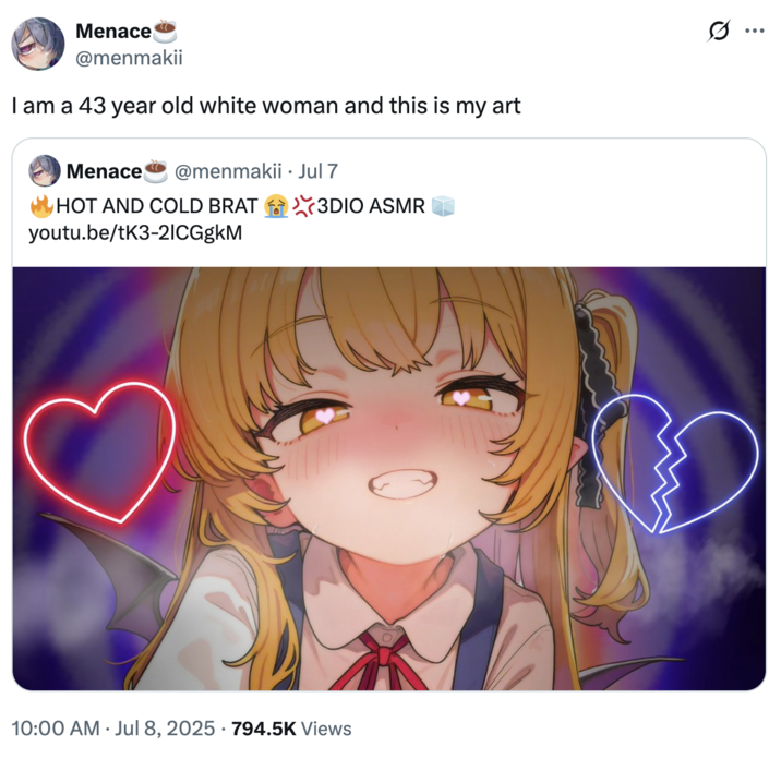 I am a 43 year old white woman and this is my art A "tweet":https://knowyourmeme.com/memes/sites/twitter-x using the I Am a X From Y and This Is My Z to mock art from a 43-year-old.