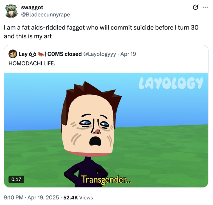 A "tweet":https://knowyourmeme.com/memes/sites/twitter-x using the I Am a X From Y and This Is My Z to mock an "AIDS-riddled fаggot who will commit suicide before [they] turn 30."
