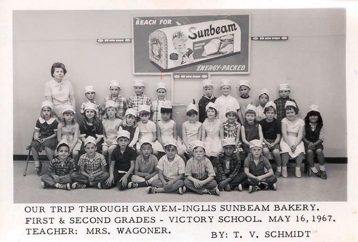 REACH FOR Sunbeam ENRICHED BREAD ENERGY-PACKED OUR TRIP THROUGH GRAVEM-INGLIS SUNBEAM BAKERY. FIRST & SECOND GRADES VICTORY SCHOOL. MAY 16, 1967. TEACHER: MRS. WAGONER. BY: T. V. SCHMIDT SM