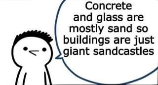 Concrete and glass are mostly sand so buildings are just giant sandcastles