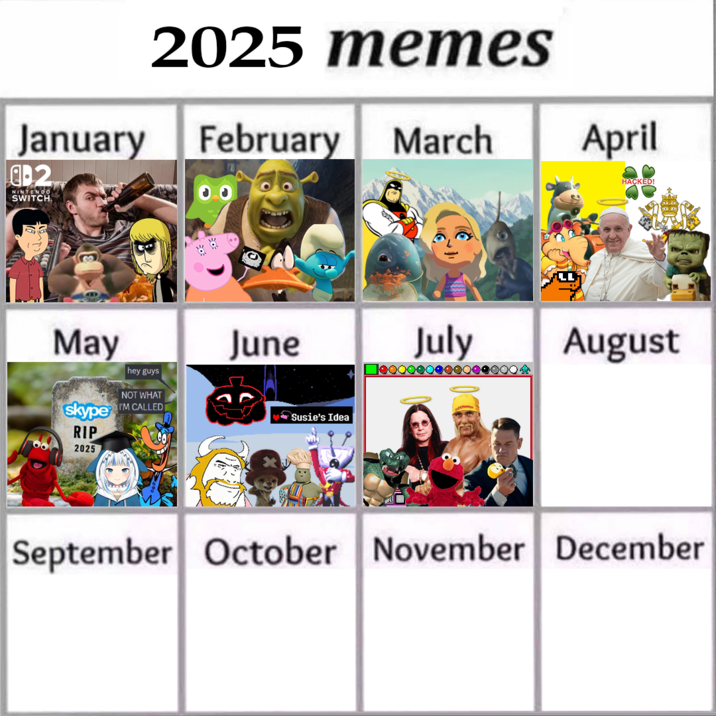 2025 memes January February March 2 NINTENDO SWITCH April HACKED! May hey guys NOT WHAT skype M CALLED June RIP 2025 Susie's Idea July LL August September October November December