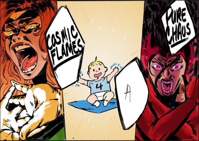Art by redandblacktac. The art shows baby Franklin Richards fighting Phoenix and Wanda.
