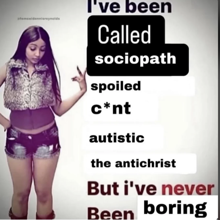 femceldennisreynolds I've been Called sociopath spoiled c*nt autistic the antichrist But i've never Been boring