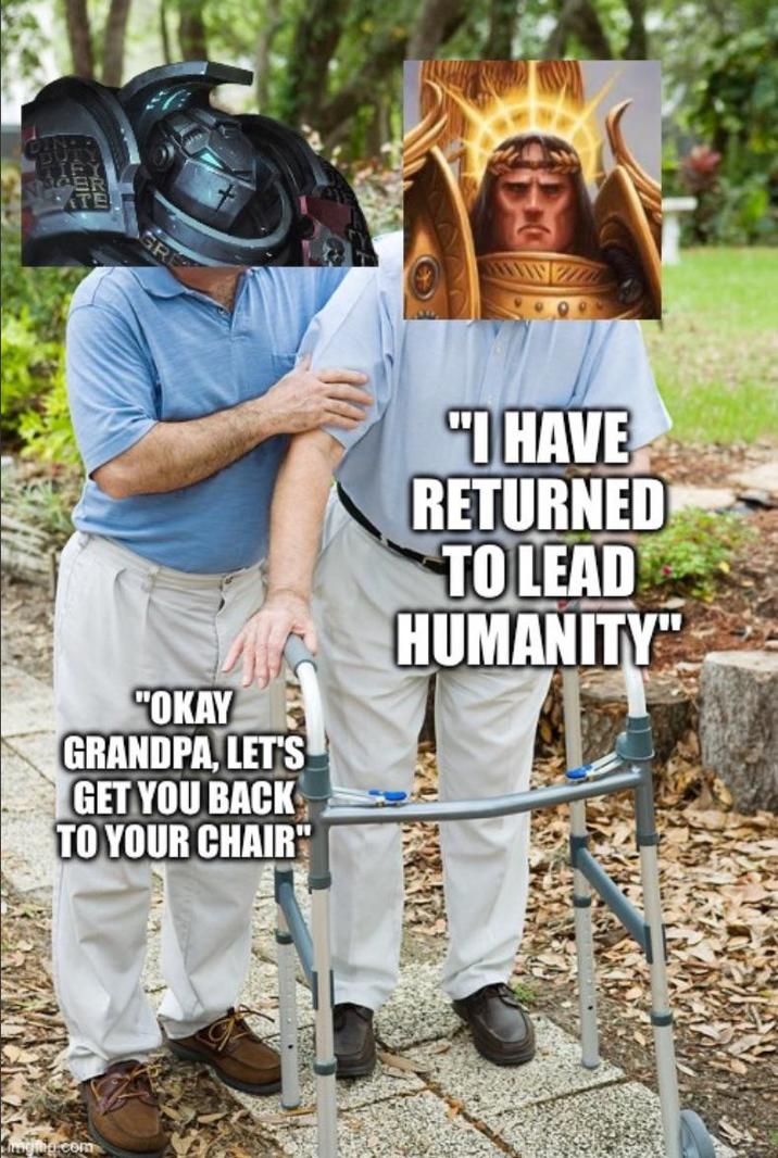 "OKAY GRANDPA, LET'S GET YOU BACK TO YOUR CHAIR" Hinging.com "I HAVE RETURNED TO LEAD HUMANITY"