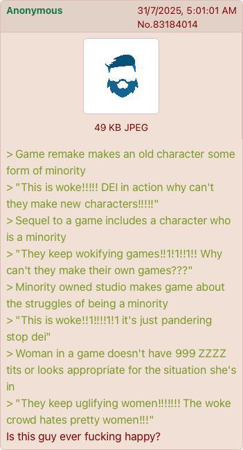 Anonymous 31/7/2025, 5:01:01 AM No.83184014 49 KB JPEG > Game remake makes an old character some form of minority > "This is woke!!!!! DEI in action why can't they make new characters!!!!!" > Sequel to a game includes a character who is a minority > "They keep wokifying games!!1!1!!1!! Why can't they make their own games???" > Minority owned studio makes game about the struggles of being a minority > "This is woke!!1!!!!1!1 it's just pandering stop dei" > Woman in a game doesn't have 999 ZZZZ t--- or looks appropriate for the situation she's in > "They keep uglifying women!!!!!!!! The woke crowd hates pretty women!!!" Is this guy ever f------ happy?