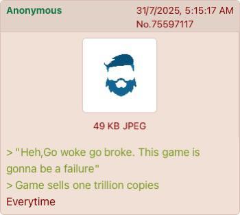 Anonymous 31/7/2025, 5:15:17 AM No.75597117 49 KB JPEG > "Heh,Go woke go broke. This game is gonna be a failure" > Game sells one trillion copies Everytime