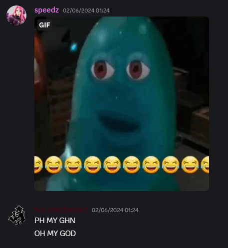 June 2nd, 2024 Discord Screenshot BOB Staring GIF X user @YahBoiSpeedz shared a screenshot of the Discord channel the BOB staring GIF was originally posted to.