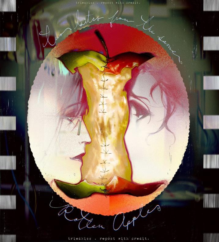 December 1st, 2025 tweet by @triedkiss X user @triedkiss posted artwork showing profile views of their original characters embedded in an apple core. The post marks one of the earliest known "Apple Core Art" posts and is often credited as starting the trend in 2025.