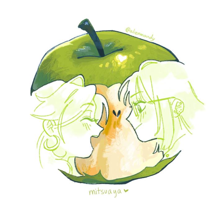 July 30th, 2025 tweet by @alienmandy_ X user @alienmandy_ posted artwork participating in the Apple trend, writing, "apple trend but my apple is green." The post gathered over 19,000 likes in a day.