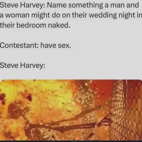 Steve Harvey: Name something a man and a woman might do on their wedding night in their bedroom naked. Contestant: have sex. Steve Harvey: