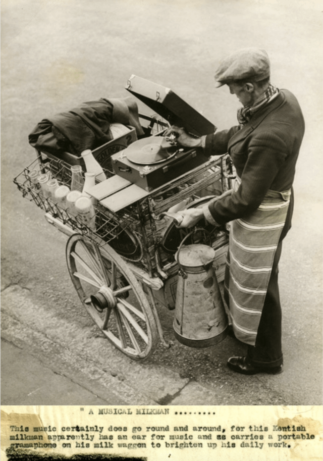 GOLD A MUSICAL MILKMAN This music certainly does go round and around, for this Kentish milkman apparently has an ear for music and se carries a portable gramaphone on his milk waggon to brighten up his daily work. 2