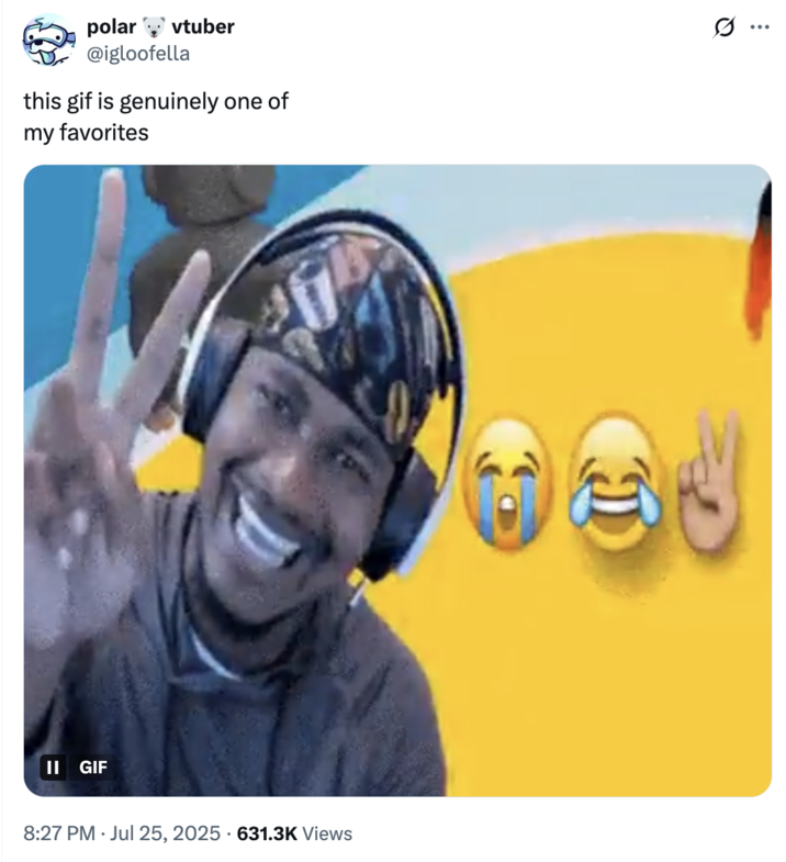 X user @igloofella reposted the SoLLUMINATI Peace Sign GIF alongside a caption that read, "this gif is genuinely one of my favorites." 