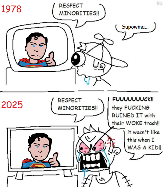 An edit of the "respect minorities" meme. The meme is about the 2025 Superman movie.