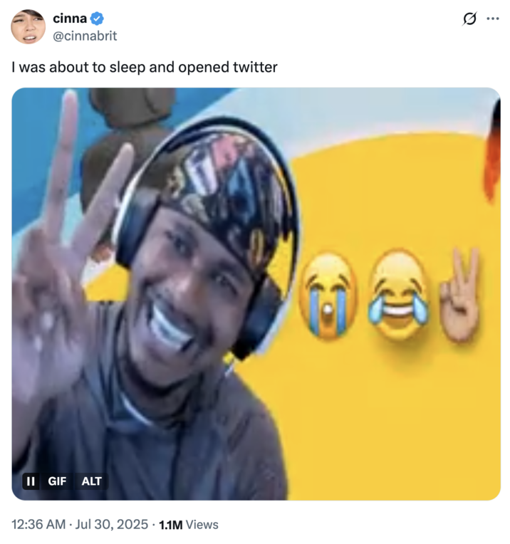 July 30th, 2025 tweet by @cinnabrit X user @cinnabrit tweeted the SoLLUMINATI Peace Sign GIF alongside a caption that read, "I was about to sleep and opened twitter," gathering over 23,000 likes in a day.