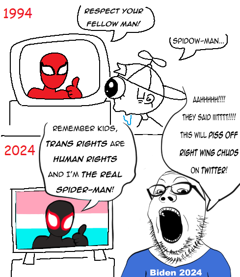 1994 RESPECT YOUR FELLOW MAN! REMEMBER KIDS, TRANS RIGHTS ARE 2024 HUMAN RIGHTS AND I'M THE REAL SPIDER-MAN! (SPIDOW-MAN... 42 AAHHHHH!!!! THEY SAID ITTTT!!!! THIS WILL PISS OFF RIGHT WING CHUDS ON TWITTER! Biden 2024