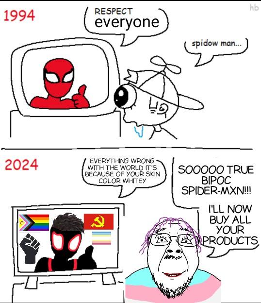 1994 RESPECT everyone spidow man... 煦 hb 2024 EVERYTHING WRONG WITH THE WORLD IT'S BECAUSE OF YOUR SKIN COLOR WHITEY SOOOOO TRUE BIPOC SPIDER-MXN!!!! I'LL NOW BUY ALL YOUR PRODUCTS