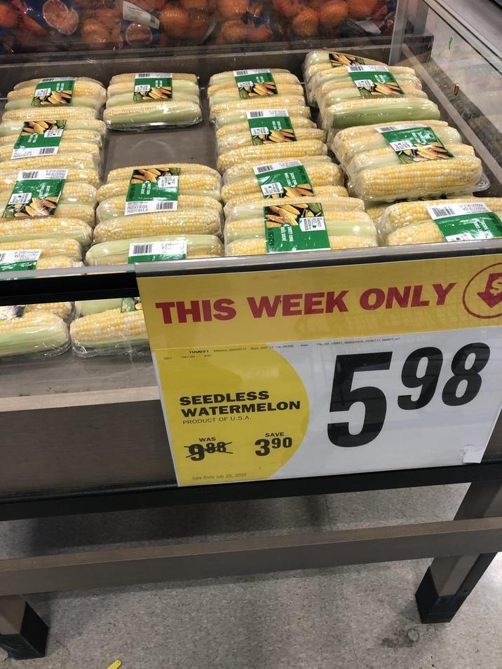 A CLEMENT THIS WEEK ONLY 10065 Effective 2025/07/17 Back 2001 14" Tup JAUNE 4002 Aisle File All, 10065, 0000000818.20250717 082017 w SEEDLESS WATERMELON PRODUCT OF U.S.A. WAS SAVE 988 390 598 Sale Ends July 23, 2025