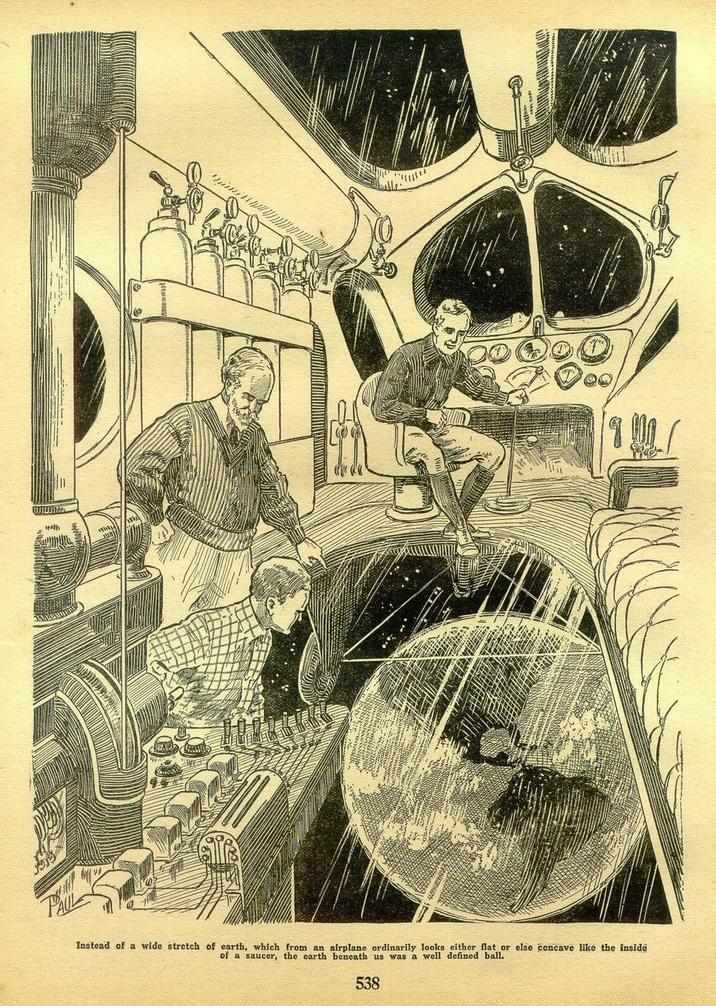 Instead of a wide stretch of earth, which from an airplane ordinarily looks either flat or else concave like the inside of a saucer, the earth beneath us was a well defined ball. 538