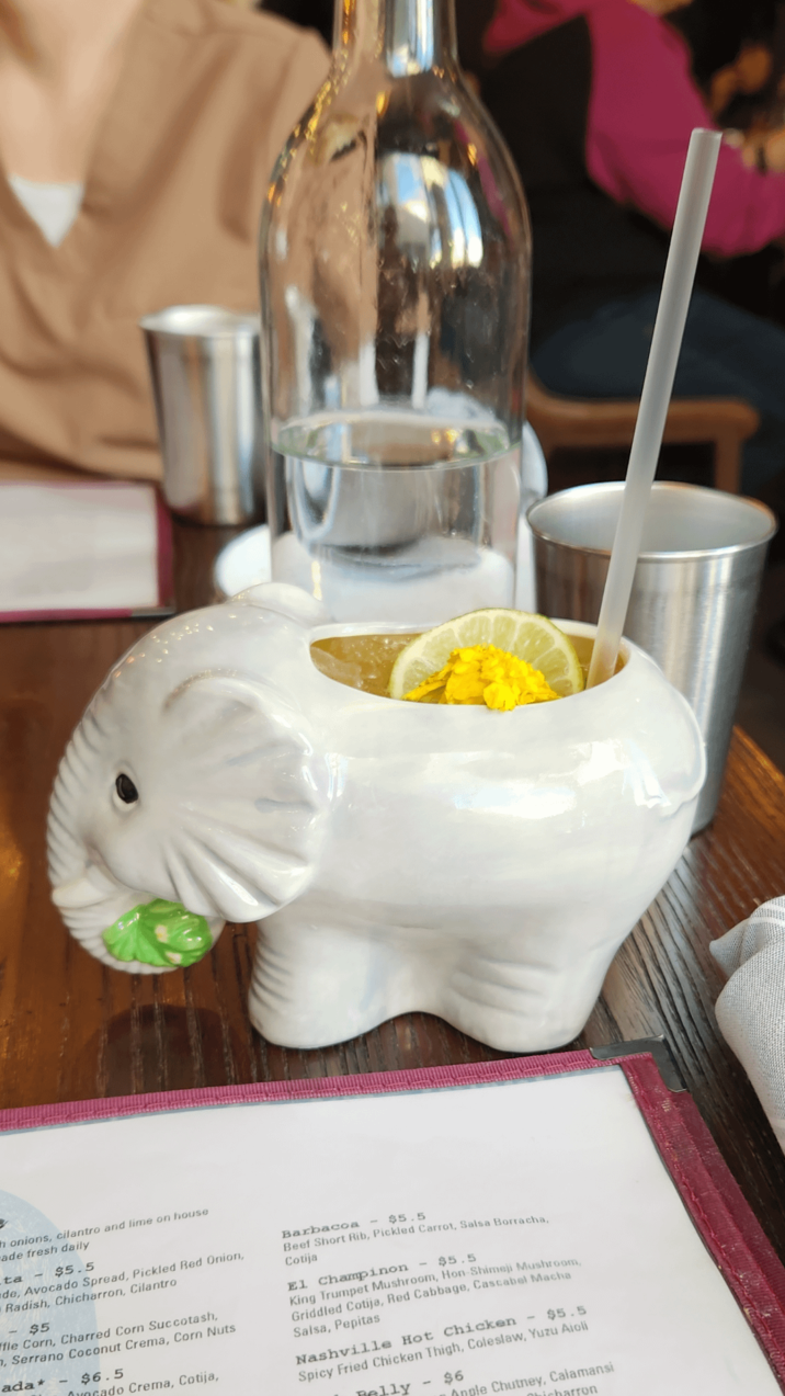 th onions, cilantro and lime on house ade fresh daily ta - $5.5 de, Avocado Spread, Pickled Red Onion, Radish, Chicharron, Cilantro - $5 fle Corn, Charred Corn Succotash, , Serrano Coconut Crema, Corn Nuts ada* $6.5 do Crema, Cotija, Barbacoa $5.5 Beef Short Rib, Pickled Carrot, Salsa Borracha, Cotija El Champinon - $5.5 King Trumpet Mushroom, Hon-Shimeji Mushroom, Griddled Cotija, Red Cabbage, Cascabel Macha Salsa, Pepitas Nashville Hot Chicken - $5.5 Spicy Fried Chicken Thigh, Coleslaw, Yuzu Aioli - $6 ple Chutney, Calamansi on