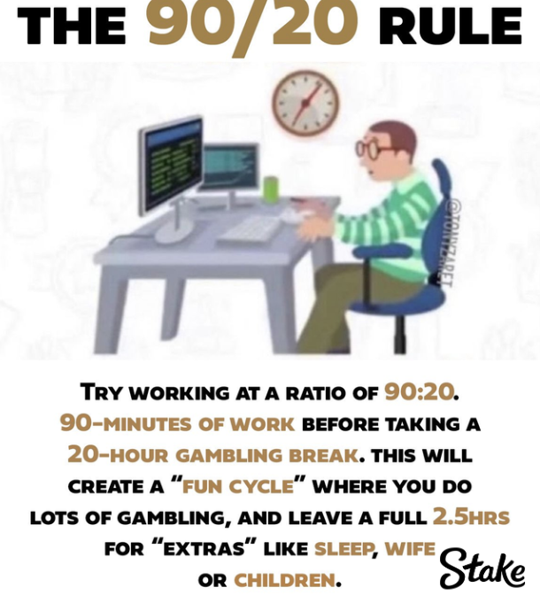 THE 90/20 RULE TRY WORKING AT A RATIO OF 90:20. 90-MINUTES OF WORK BEFORE TAKING A 20-HOUR GAMBLING BREAK. THIS WILL CREATE A "FUN CYCLE" WHERE YOU DO LOTS OF GAMBLING, AND LEAVE A FULL 2.5HRS FOR "EXTRAS" LIKE SLEEP, WIFE OR CHILDREN. Stake