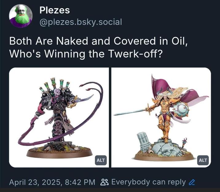 Plezes @plezes.bsky.social Both Are Naked and Covered in Oil, Who's Winning the Twerk-off? ALT April 23, 2025, 8:42 PM Everybody can reply ALT