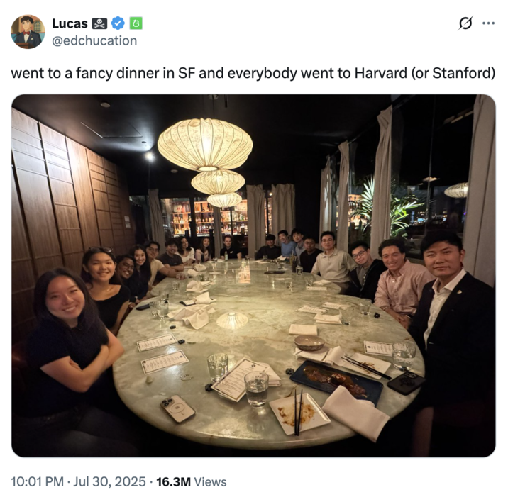 A tweet from "Twitter / X":https://knowyourmeme.com/memes/sites/twitter-x user @edchucation who shared a photo of young professionals at a restaurant table, captioned, "Went to a fancy dinner in SF and everybody went to Harvard (or Stanford)."
