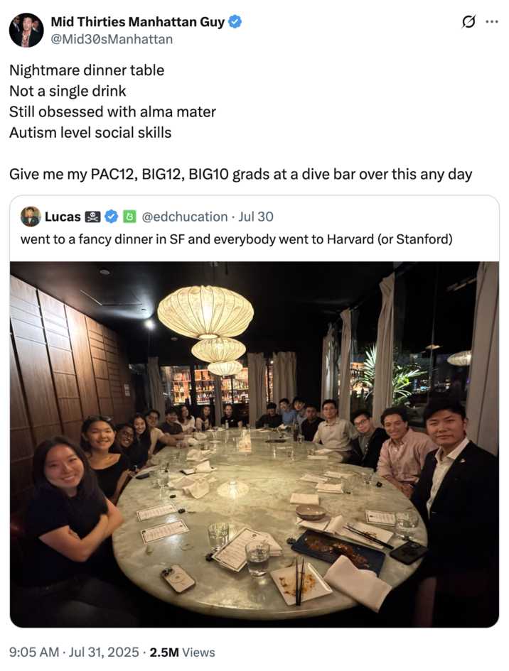 A "quote-tweet":https://knowyourmeme.com/memes/quote-retweets-qrts of the "Went to a Fancy Dinner in SF" tweet, reading, "Give me my PAC12, BIG12, BIG10 grads at a dive bar over this any day."