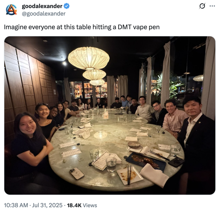 A "tweet":https://knowyourmeme.com/memes/sites/twitter-x joking about the Fancy Dinner in SF people all hitting a DMT "vape pen":https://knowyourmeme.com/memes/dab-pen. 