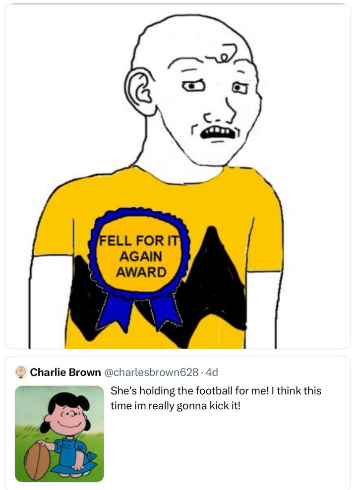 FELL FOR IT AGAIN AWARD Charlie Brown @charlesbrown628.4d She's holding the football for me! I think this time im really gonna kick it!
