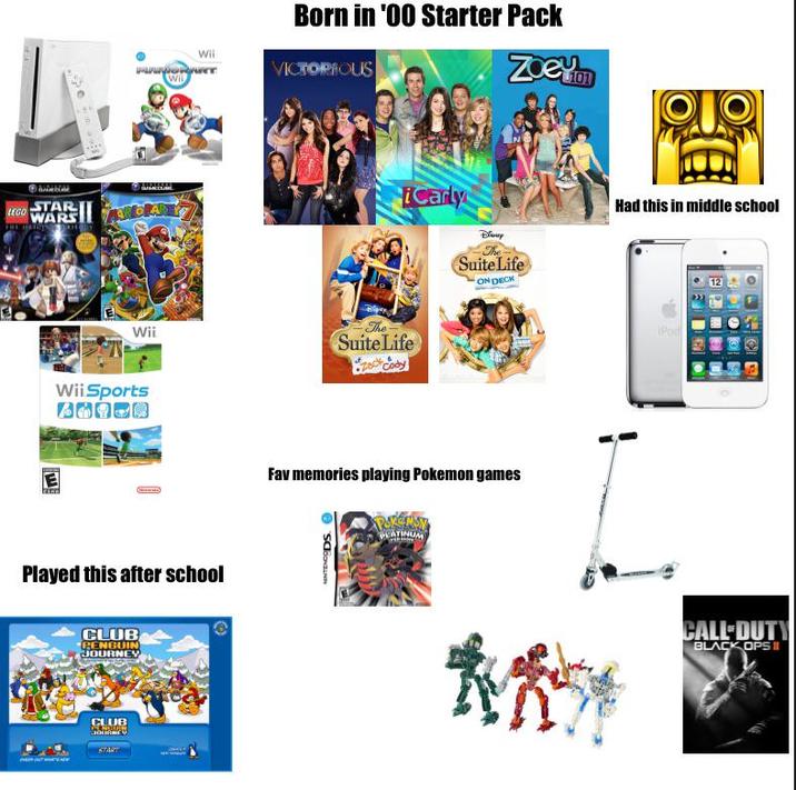 STAR LEGO WARS E Wii Wii Sports 60900 Wil Wii Played this after school CLUB PENGUIN JOURNEY CLUB Lotion START Born in '00 Starter Pack VICTORIOUS Zoev iCarly The Suite Life The Suite Life ON DECK Fav memories playing Pokemon games ATINUM Had this in middle school iPod CALL DUTY BLACK OPS