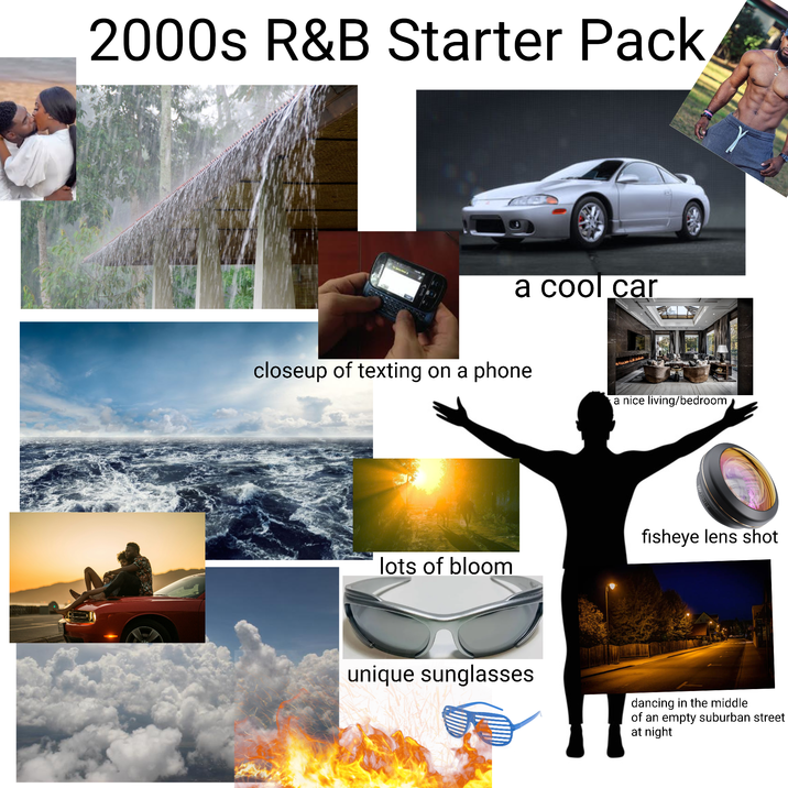 2000s R&B Starter Pack a cool car closeup of texting on a phone a nice living/bedroom lots of bloom fisheye lens shot unique sunglasses dancing in the middle of an empty suburban street at night