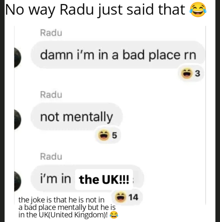 No way Radu just said that Radu damn i'm in a bad place rn Radu not mentally Radu 5 i'm in the UK!!! the joke is that he is not in a bad place mentally but he is in the UK(United Kingdom)! 14 3