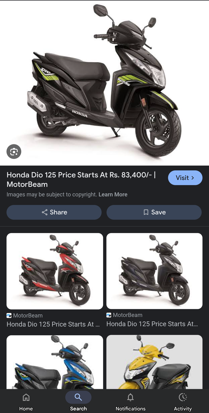 Dio 91119 HONDA Honda Dio 125 Price Starts At Rs. 83,400/- | MotorBeam Images may be subject to copyright. Learn More Share ☐ Save WOWZM Visit > MotorBeam MotorBeam Honda Dio 125 Price Starts At ... Honda Dio 125 Price Starts At... Home Search Notifications Activity G