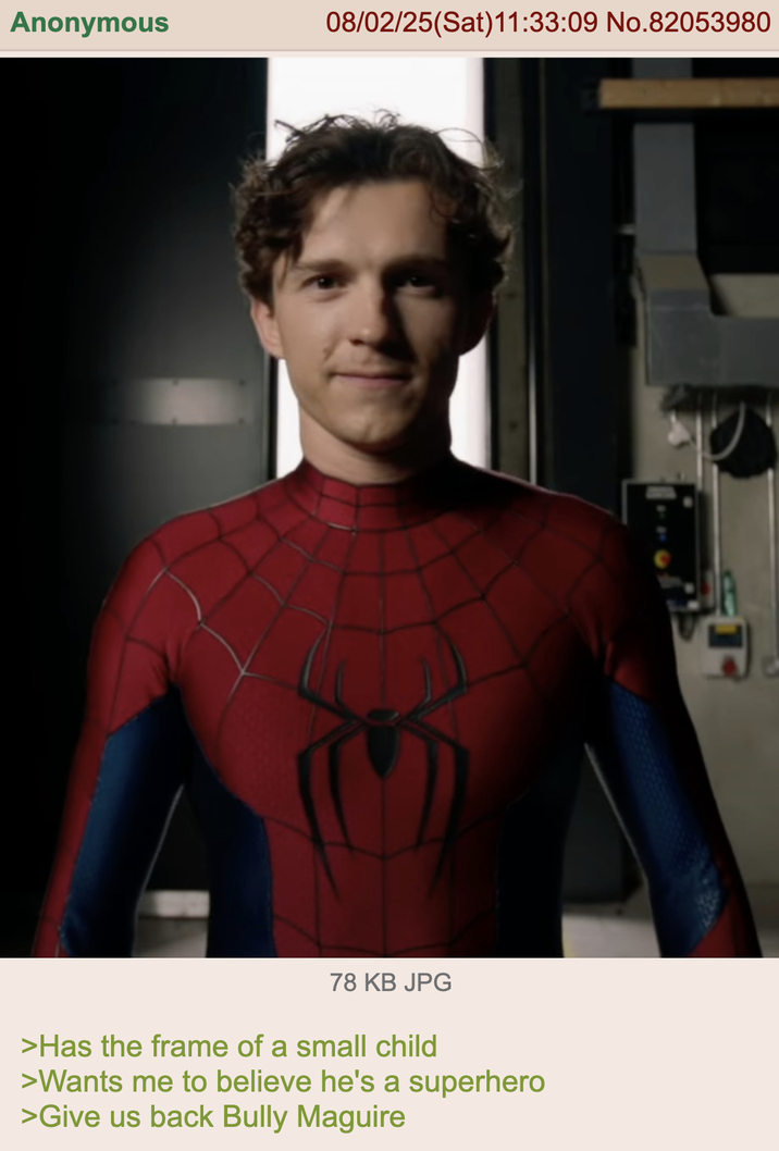 Anonymous 08/02/25(Sat)11:33:09 No.82053980 78 KB JPG >Has the frame of a small child >Wants me to believe he's a superhero >Give us back Bully Maguire