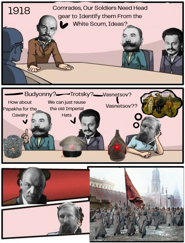 1918 Comrades, Our Soldiers Need Head gear to Identify them From the White Scum, Ideas? Trotsky? _Vasnetsov? We can just reuse the old Imperial Hats Budyonny? How about Papakha for the Cavalry Vasnetsov?? про