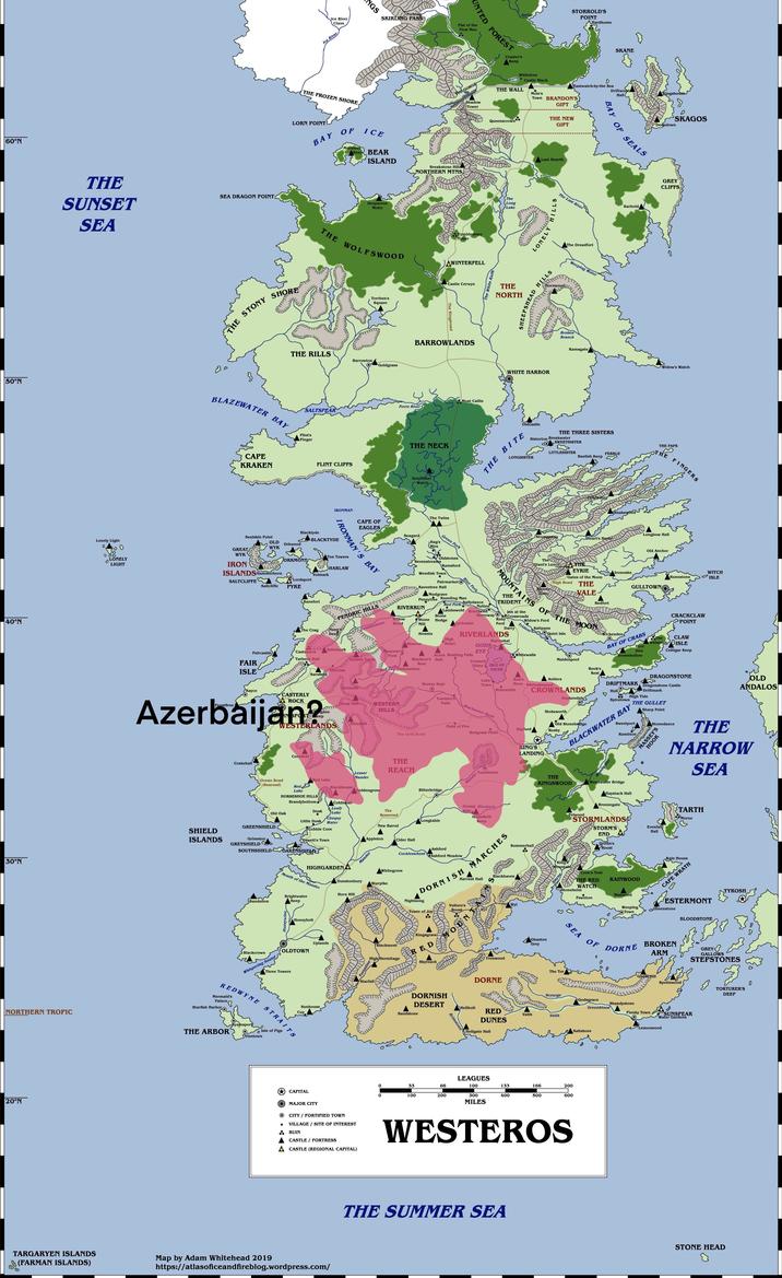 60°N 50°N 40°N 30°N Ice River Clans Ice River THE FROZEN SHORE, NGS SK Forktop SKIRLING PASS Fist of the UNTED FOREST First Men Craster's Keep Antler STORROLD'S POINT Hardhome SKANE THE GORGE Whitetree Castle Black THE WALL Eastwatch-by-the Sea Mole's Shadow Town BRANDON'S Driftwood Hall Kingshouse Tower GIFT LORN POINT BAY OF Mormont ICE Keep BEAR ISLAND Breakstone Hill NORTHERN MTNS. THE SUNSET SEA SEA DRAGON POINT Deepwood Motte THE WOLFSWOOD Tumbledown Tower AWINTERFELL Castle Cerwyn Lonely Light 000 LONELY LIGHT THE STONY SHORE 80 THE RILLS BLAZEWATER BAY Flint's Finger CAPE KRAKEN Sealskin Point OLD WYK Orkwood GREAT WYK IRON ISLANDS Hammerhorn Torrhen's Square Barrowton Goldgrass The Kingsroad BARROWLANDS Moat Cailin Fevre River SALTSPEAR THE NECK FLINT CLIFFS Wo Greywater Watch IRONMAN CAPE OF EAGLES Blacktyde BLACKTYDE IRONMAN'S BAY Ten Towers ORKMONTS SALTCLIFFE Lordsport Saltcliffe PYKE Faircastle FAIR ISLE Volmark HARLAW Banefort The Crag PENDRIC HILLS Deep Tumblestone The Twins Queenscrown The White Knife The Long Lake THE NORTH THE NEW GIFT Last Hearth OF SEALS The Last River Karhold LONELY HILLS AD HILLS SHEEPSHEAD WHITE HARBOR Oldcastle THE BITE ग The Dreadfort Weeping Water Broken Branch Ramsgate THE THREE SISTERS SKAGOS Deepdown GREY CLIFFS Widow's Watch Sisterton Breakwater SWEETSISTER THE PAPS 3 LITTLESISTER PEBBLE HE Baelish Keep LONGSISTER Coldwater Snakew FINGERS Seagard Hag's Mire Green Fork Sevenstreams Oldstones Ramsford Wendish Town Fairmarket O Raventree Hall Mudgrave Blue Fork Pennytree Kneeling Man RIVERRUN Strongsong Longbow Hall Heart's Home The Giant's Lance MOUNTAINS THE TRIDENT Red Fork Nutten Sallydance Lambswold Riverbend Harroway O Willow • Stone Stone Hedge Wood Mill Atranta Sherrer High Heart Lychester Inn at the Crossroads T THE Bloody Gate EYRIE Gates of the Moon High Road THE VALE Redfort OF THE MOON Widow's Ford Saltpans Ruby Ford Darry Trident RIVERLANDS Harrenhal GODS EYE Crossed Acorn Rushing Falls Wayfarer's Hall Rest Pinkmaiden Elms ISLE OF FACES QQuiet Isle Whitewalls Maidenpool Rook's Rest Ironoaks Wickenden Old Anchor Runestone GULLTOWN O BAY OF CRABS Dyre Den Brownhollow CRACKCLAW POINT The CLAW Whispers ISLE Celtigar Keep Castamere Tarbeck Hall ...Oxcross Sarsfield Ashemark Mummer's Ford Golden Tooth Red Fork Каусе CASTERLY Deep Dent WESTERN HILLS gane Azerbaijan? Crakehall Ocean Road (Searoad) Cornfield Silverbill Lesser Mander Red Lake Stackhouse Red Lake HORSESHOE HILLS Brandybottom Old Oak GREENSHIELD Dosk Coldmoat Leafy Lake Chequy Little Dosk Water Cobble Cove SHIELD ISLANDS Grimston GREYSHIELD Hewett's Town SOUTHSHIELD OAKENSHIELDS Goldengrove Lake Stoney Sept O Town Sow's Antlers Horn Brindlewood Briarwhite CROWNLANDS DRIFTMARK Hull D Duskendale Spicetown DRAGONSTONE Dragonstone Castle Driftmark High Tide THE GULLET BLACKWATER BAY Sweetport Sharp Point Tumbler's Falls Blackwater Rush Stokeworth. Field of Fire Hayford Old Stonebridge Rosby The Gold Road Redgrass Field THE REACH The Roseroad Bitterbridge Mander Tumbleton Grassy Blueburn Vale Grassfield Longtable Keep New Barrel Appleton Cider Hall Mander Cockleswhent Ashford Ashford Meadow HIGHGARDEN Whitegrove Mouth of the Mander Dunstonbury Starpike Horn Hill Brightwater Bandallon Keep Honeywine Honeyholt Blackcrown Whispering Sound OLDTOWN Three Towers Uplands Sunhouse Cuy REDWYNE STRAITS Mermaid's Palace Starfish HarborO Isle of Pigs NORTHERN TROPIC THE ARBOR Vinetown 20°N | CAPITAL O MAJOR CITY O CITY / FORTIFIED TOWN VILLAGE / SITE OF INTEREST RUIN CASTLE / FORTRESS A CASTLE (REGIONAL CAPITAL) TARGARYEN ISLANDS (FARMAN ISLANDS) Map by Adam Whitehead 2019 https://atlasoficeandfireblog.wordpress.com/ KING'S LANDING Summerhall DORNISH MARCHES Nightsong Tower of Joy Kingsgrave Blackmont High Hermitage RED Skyreach Torentine Starfall DORNISH DESERT Sandstone Harvest Hall Vulture's Roost Blackhaven Yronwood DORNE Wyl THE KINGSWOOD Ghaston Grey Wendwater Felwood Wendwater Bridge Haystack Hall Bronzegate STORMLANDS King Mountain Slayne WITCH ISLE OLD ANDALOS Stonedance THE NARROW SEA STORM'S END Evenfall Hall Griffin's Roost Crow's Nest THE RED WATCH Stonehelm Fawnton RAINWOOD The Tor SEA OF Scourge Godsgrace Hellholt RED DUNES Vaith Vaith Hellgate Hall Brimstone LEAGUES 0 33 66 100 133 166 200 100 200 300 400 500 600 MILES WESTEROS THE SUMMER SEA TARTH Morne Rain House ma WRATH చి Mistwood Weeping Town ESTERMONT Greenstone DORNE Greenblood Saltshore BLOODSTONE STYROSH BROKEN ARM Ghost Hill Spottswood GALLOWS GREY STEPSTONES 3 TORTURER'S DEEP 8 Shandystone Planky Town SUNSPEAR Water Gardens Lemonwood STONE HEAD