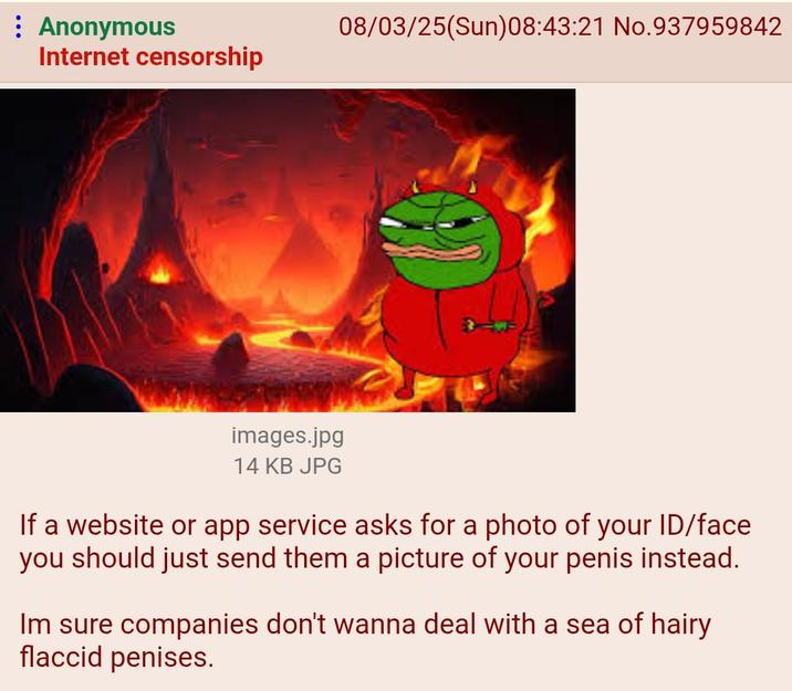 Anonymous Internet censorship 08/03/25(Sun)08:43:21 No.937959842 images.jpg 14 KB JPG If a website or app service asks for a photo of your ID/face you should just send them a picture of your penis instead. Im sure companies don't wanna deal with a sea of hairy flaccid penises.