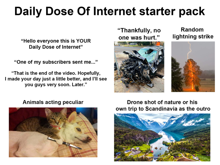 Daily Dose Of Internet starter pack "Thankfully, no one was hurt.” Random lightning strike "Hello everyone this is YOUR Daily Dose of Internet" "One of my subscribers sent me..." "That is the end of the video. Hopefully, I made your day just a little better, and I'll see you guys very soon. Later." Animals acting peculiar Drone shot of nature or his own trip to Scandinavia as the outro