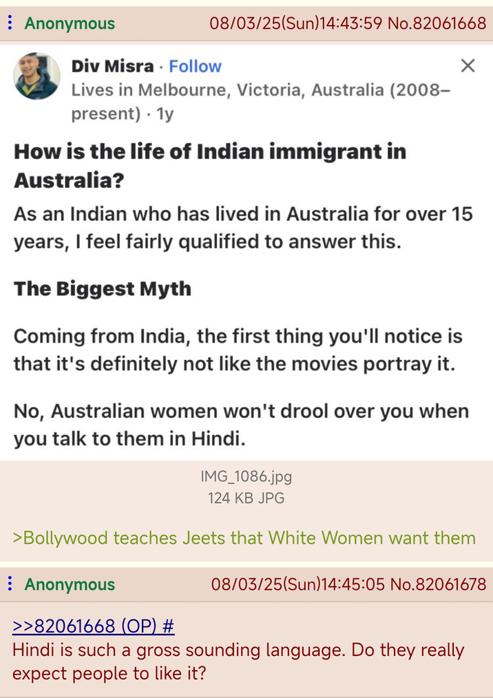 : Anonymous 08/03/25(Sun)14:43:59 No.82061668 Div Misra Follow Lives in Melbourne, Victoria, Australia (2008- present). 1y How is the life of Indian immigrant in Australia? As an Indian who has lived in Australia for over 15 years, I feel fairly qualified to answer this. The Biggest Myth Coming from India, the first thing you'll notice is that it's definitely not like the movies portray it. No, Australian women won't drool over you when you talk to them in Hindi. IMG_1086.jpg 124 KB JPG >Bollywood teaches Jeets that White Women want them Anonymous >>82061668 (OP) # 08/03/25(Sun)14:45:05 No.82061678 Hindi is such a gross sounding language. Do they really expect people to like it?