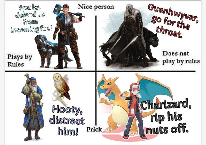 Sparky, defend us from Nice person incoming fire! Plays by Rules Hooty, distract him! Prick Guenhwyvar, go for the throat. Does not play by rules Charizard, rip his nuts off.