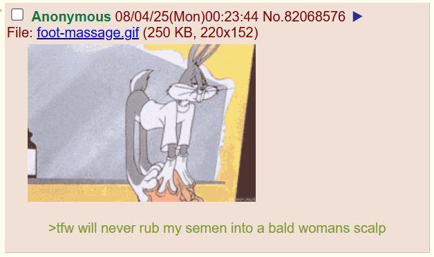 ☐ Anonymous 08/04/25(Mon)00:23:44 No.82068576 File: foot-massage.gif (250 KB, 220x152) >tfw will never rub my semen into a bald womans scalp