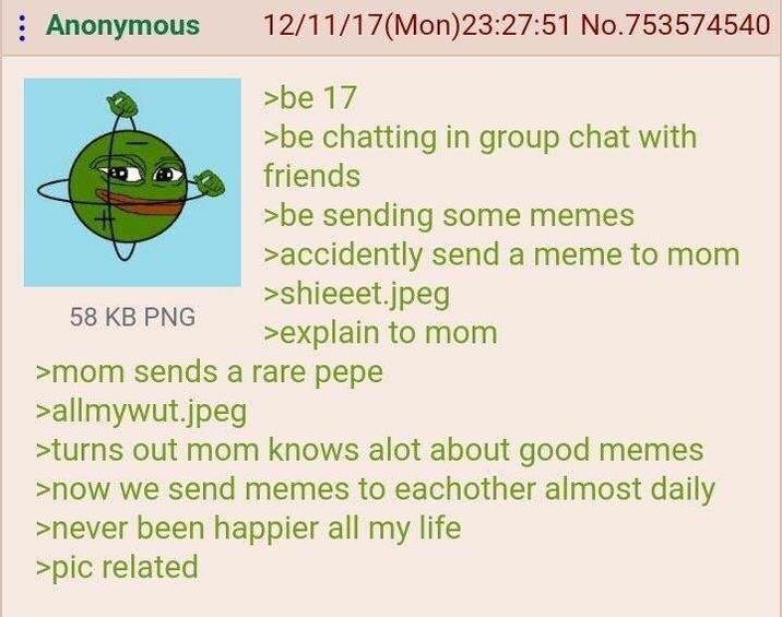 Anonymous 58 KB PNG 12/11/17 (Mon)23:27:51 No.753574540 >be 17 >be chatting in group chat with friends >be sending some memes >accidently send a meme to mom >shieeet.jpeg >explain to mom >mom sends a rare pepe >allmywut.jpeg >turns out mom knows alot about good memes >now we send memes to eachother almost daily >never been happier all my life >pic related
