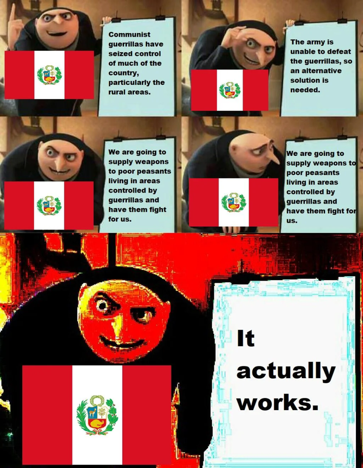 Communist guerrillas have seized control of much of the country, particularly the rural areas. The army is unable to defeat the guerrillas, so an alternative solution is needed. We are going to supply weapons to poor peasants living in areas controlled by guerrillas and have them fight for us. We are going to supply weapons to poor peasants living in areas controlled by guerrillas and have them fight for us. It actually works.