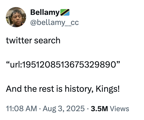 twitter search “url:1951208513675329890” And the rest is history, Kings! A "tweet":https://knowyourmeme.com/memes/sites/twitter-x telling people to search for "url:1951208513675329890" on "Twitter / X":https://knowyourmeme.com/memes/sites/twitter-x.
