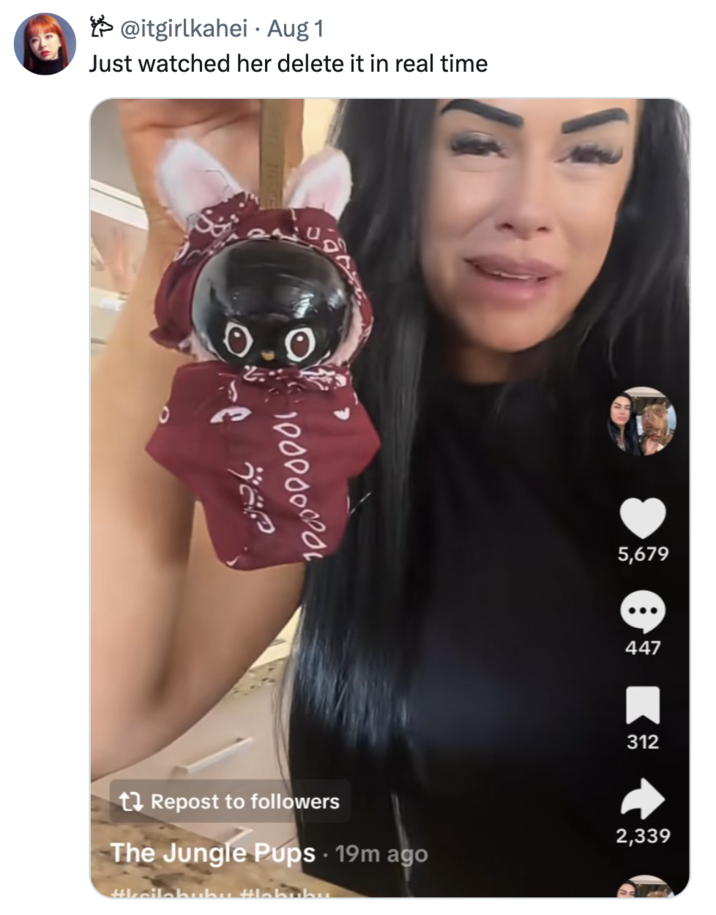A screenshot of the controversial Blackface KSI Labubu "video":https://knowyourmeme.com/memes/viral-videos by "TikToker":https://knowyourmeme.com/memes/sites/tiktok The Jungle Pups (==@lilzbullzofficial==) in August 2025, which showed a homemade "Labubu":https://knowyourmeme.com/memes/subcultures/labubu-toys toy meant to look like "YouTuber":https://knowyourmeme.com/memes/sites/youtube "KSI":https://knowyourmeme.com/memes/people/ksi. However, the Labubu was given a "blackface," which many interpreted as a racist caricature. The TikToker is known for her "24 Karat Gold Labubu":https://knowyourmeme.com/memes/24-karat-gold-labubu-la-bew-bew video.